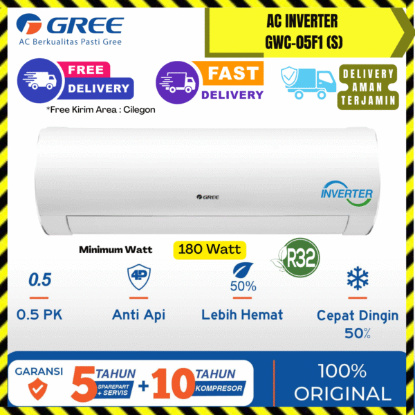 AC Gree Wall Mounted Inverter 1/2PK (GWC-05F1-S) – Unit Only